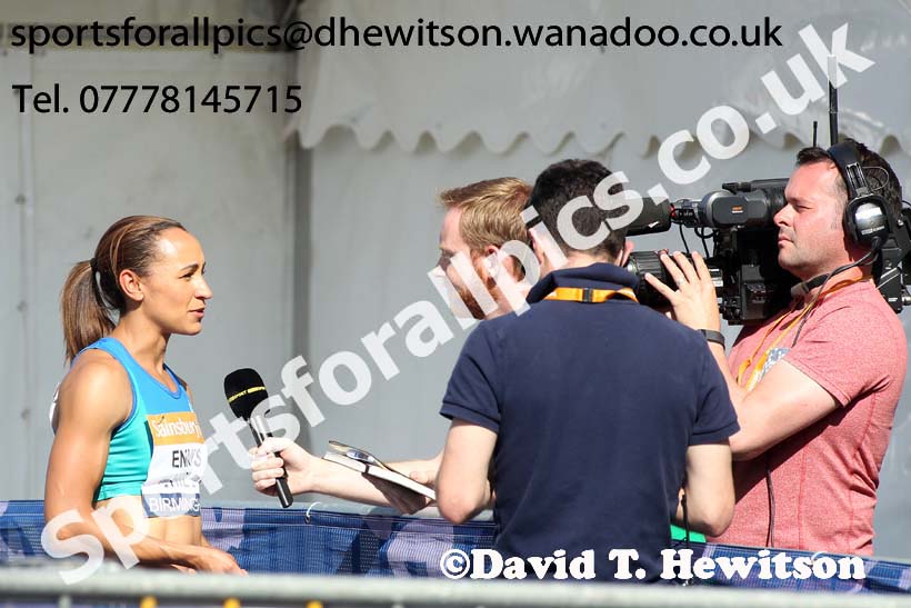 Jessica Ennis-Hill interviewed after the 100 metres hurdles, Sainsbury's British Champs, Alexander Stadium, Birmingham. Photo: David T. Hewitson/Sprts for All Pics